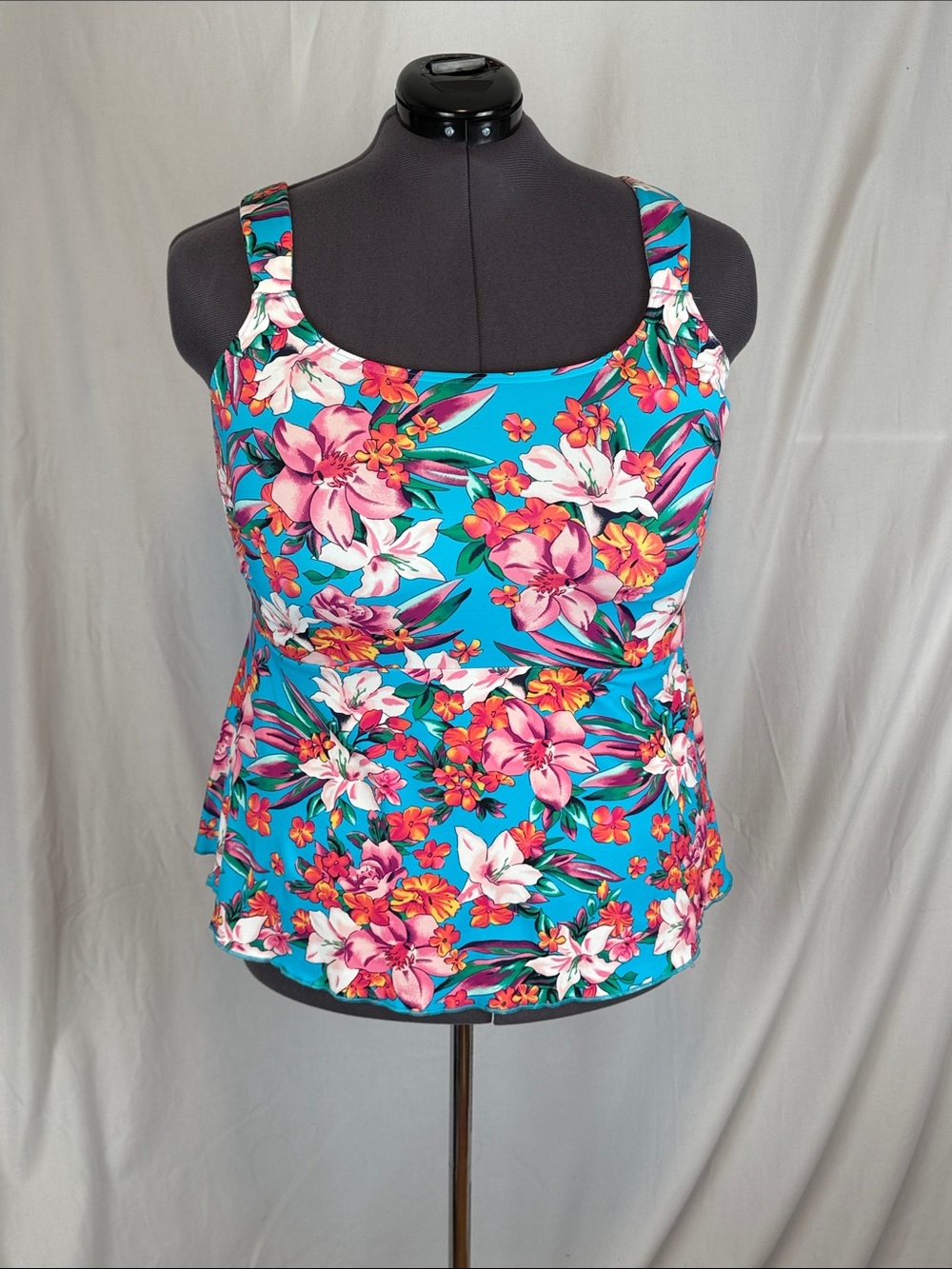Women's Lands' End Tankini Swim Top in Turquoise with Tropical Flowers 1X NWT